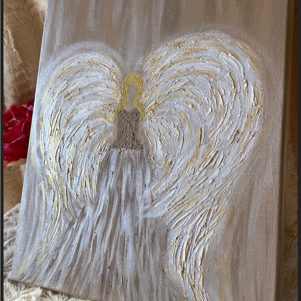 12x16 Hand painted mixed media Angel painting on canvas neutrals gold metallic - Picture 6 of 17